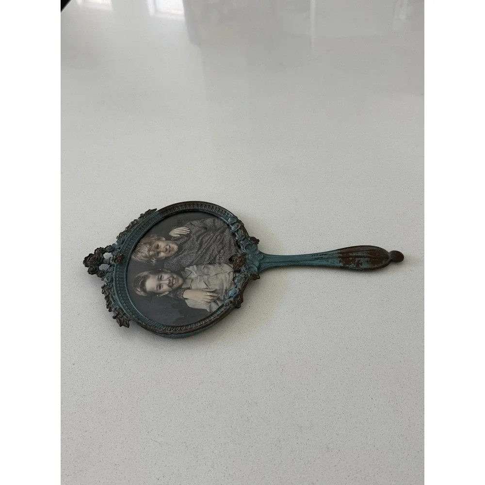 Vtg Teal Ornate Hand Mirror Photo Frame Cast Metal Shabby Cottage core Victorian